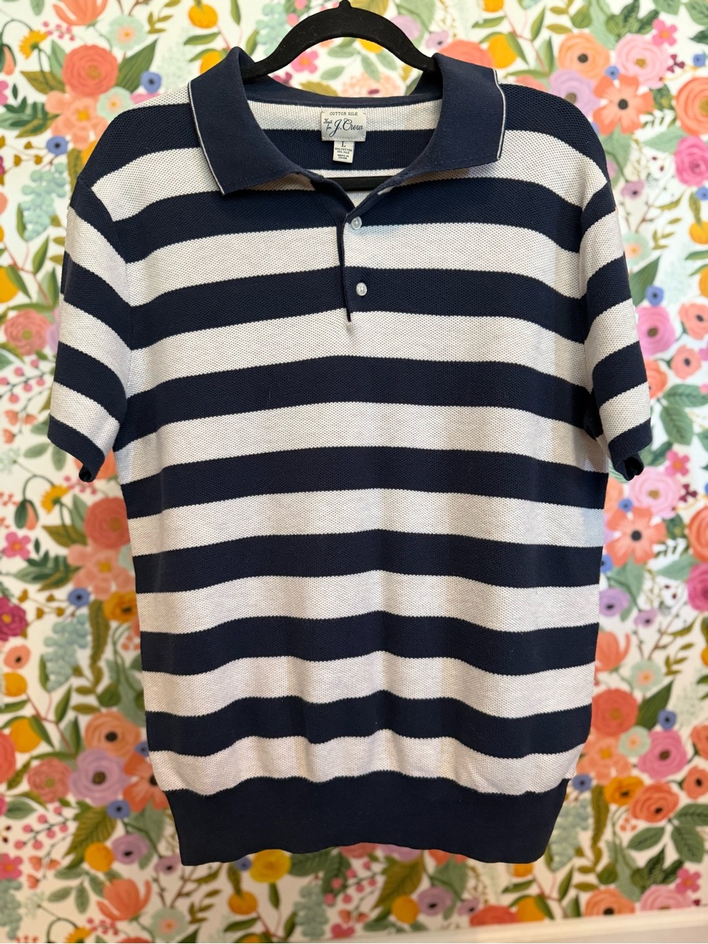 J. Crew Navy and White Striped Cotton-Silk Knit Top